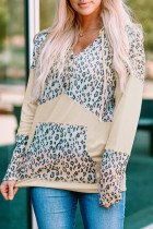 Apricot Leopard Patchwork Buttons Hooded Sweatshirt with Pocket