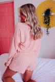 Pink Swiss Dot Split Neck Long Sleeve Top and Shorts Lounge Set