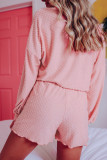 Pink Swiss Dot Split Neck Long Sleeve Top and Shorts Lounge Set