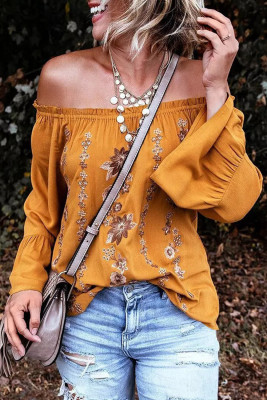 Yellow Floral Print Ruffled Off Shoulder Blouse