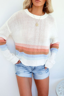 White Ribbed Round Neck Striped Sweater