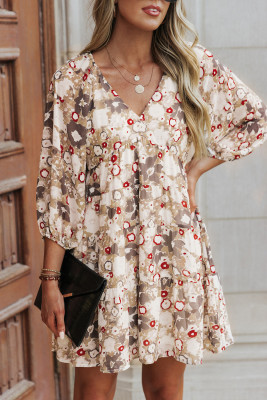 Apricot 3/4 Sleeves V Neck Print Tiered Flowy Short Dress