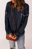 Blue Contrast Stitching Trim Waffle Knit Pullover
