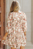 Apricot 3/4 Sleeves V Neck Print Tiered Flowy Short Dress