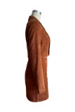 Camel Lapel Collar Short Length Corduroy Jacket with Skirt 2pcs Set 