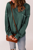 Green Contrast Stitching Trim Waffle Knit Pullover