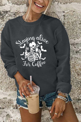Staying Alive For Coffee Halloween Print O-neck Long Sleeve Sweatshirts Women UNISHE Wholesale