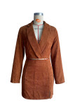 Camel Lapel Collar Short Length Corduroy Jacket with Skirt 2pcs Set 