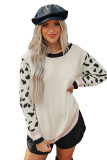 White Leopard Sleeves Contrast Neckline Drop Shoulder Sweater