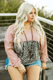 Pink V Neck Waffle Knit Leopard Splicing Plus Size Top