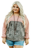 Pink V Neck Waffle Knit Leopard Splicing Plus Size Top
