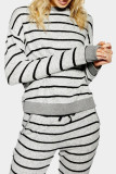 Gray Striped Long Sleeve Top and Drawstring Joggers Loungewear