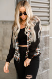 Black Plaid Buttons Long Sleeve Hooded Jacket