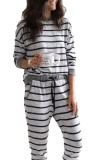 Gray Striped Long Sleeve Top and Drawstring Joggers Loungewear