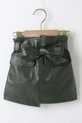 Girl Pockets Waist Tie PU Skirts