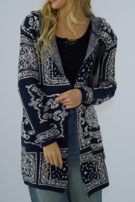 Navy Two Tones Pattern Knit Open Hooded Cardigans