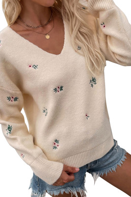 Flower Embroidery V Neck Knitting Sweater