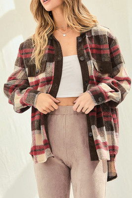 Cream and Burgundy Plaid Contrast Corduroy  Button Jackets