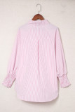 Pink Smocked Cuffed Striped Boyfriend Shirt with Pocket