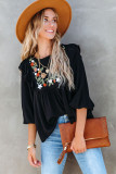 Black Bohemian Floral Embroidered Ruffled Babydoll Top