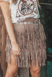 Brown Western Tiered Tassel High Waist Mini Skirt