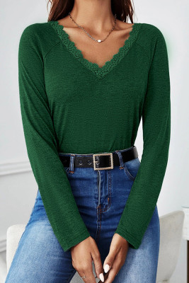 Green V Neck Lace Edge Long Sleeves Top