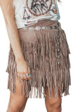 Brown Western Tiered Tassel High Waist Mini Skirt
