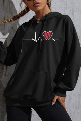 Black Heart Print Kangaroo Pocket Hoodie Sweatshirt