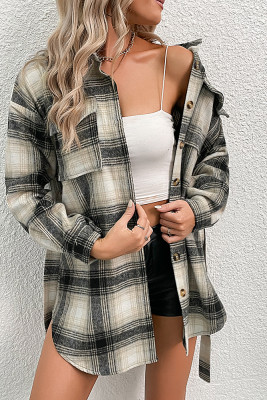 Black with Khaki Plaid Pocketed Button Oversize Shackets