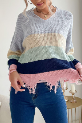 V Neck Color Block Frayed Oversized Knit Sweaters