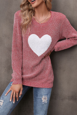 Red Round Neck with White Plush Heart Patchwork Knit Sweaters