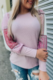 Pink Tribal Pattern Patchwork Waffle Knit Long Sleeve Top