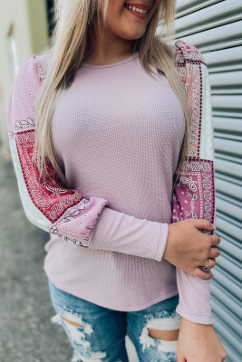 Pink Tribal Pattern Patchwork Waffle Knit Long Sleeve Top