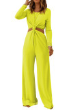 Yellow Cut Out Knotted Long Sleeve Wide Leg Jumpsuit
