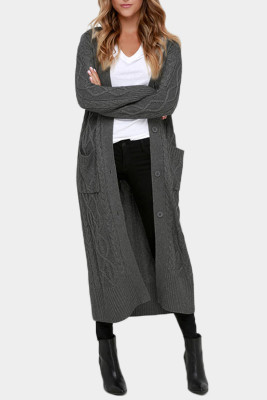 Gray-2 Cable Knit Open Front Long Cardigan