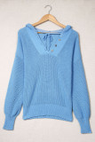 Sky Blue Henley V Neck Hooded Sweater