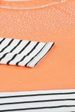 Orange Rhinestone Beading Striped Patchwork Long Sleeve Top