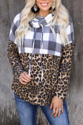 Leopard Plaid Patchwork Cowl Neck Sweatshirt