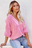 Pink Henley V Neck Hooded Sweater