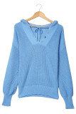 Sky Blue Henley V Neck Hooded Sweater