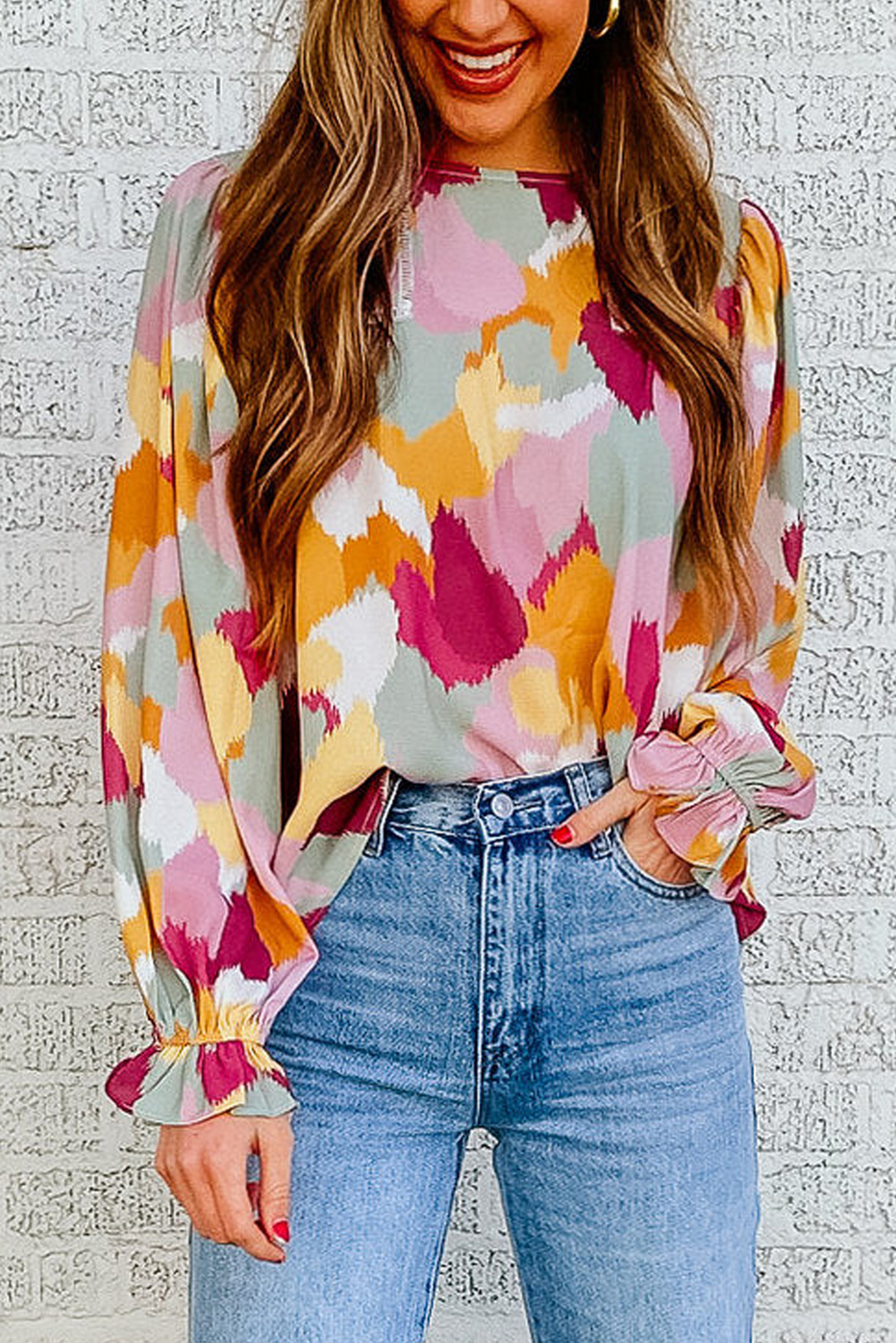 Multicolor Fall Blouses US$ 15.59 - Yellow Multicolor Abstract Printed Long Sleeve Blouse - www ...