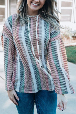 Multicolor Striped Drop Shoulder Textured Knit Hoodie