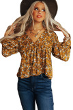 Brown Floral Print Bell Cuff V Neck Babydoll Blouse