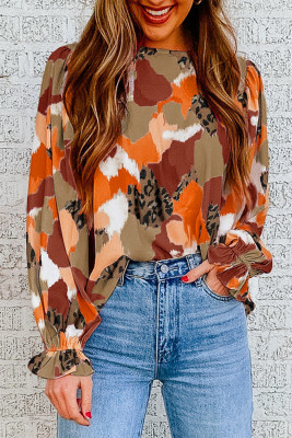 Orange Multicolor Abstract Printed Long Sleeve Blouse