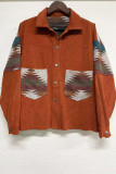 Brown Open Button Aztec Patchwork Corduroy Jackets