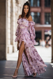 Purple Off Shoulder Side Slit Maxi Floral Dress