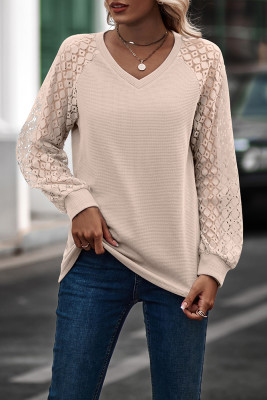 V Neck Crochet Hollow Out Puff Sleeve Knitting Waffle Top