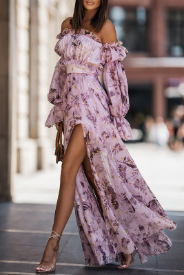 Purple Off Shoulder Side Slit Maxi Floral Dress