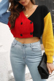 V Neck Color Block Front Open Button Knit Sweater Crop Top