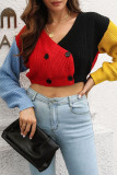 V Neck Color Block Front Open Button Knit Sweater Crop Top